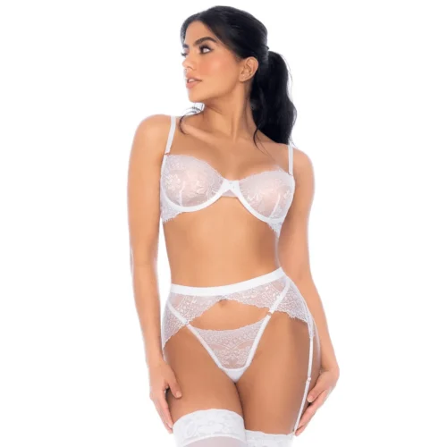 ensemble lingerie dentelle blanche trois pièces soutien gorge porte jarretelles string assorti maintien armatures bretelles réglables