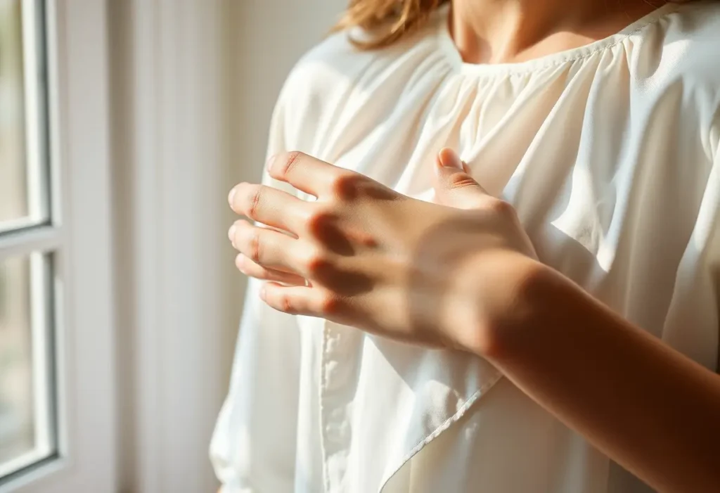Main focus sur une main lisant une blouse en coton, évoquant le confort et la douceur.