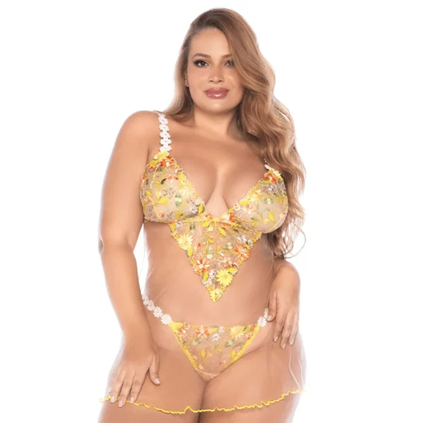 Nuisette Grande Taille Tulle Brodé Marguerites String Assorti Bohème Romantique