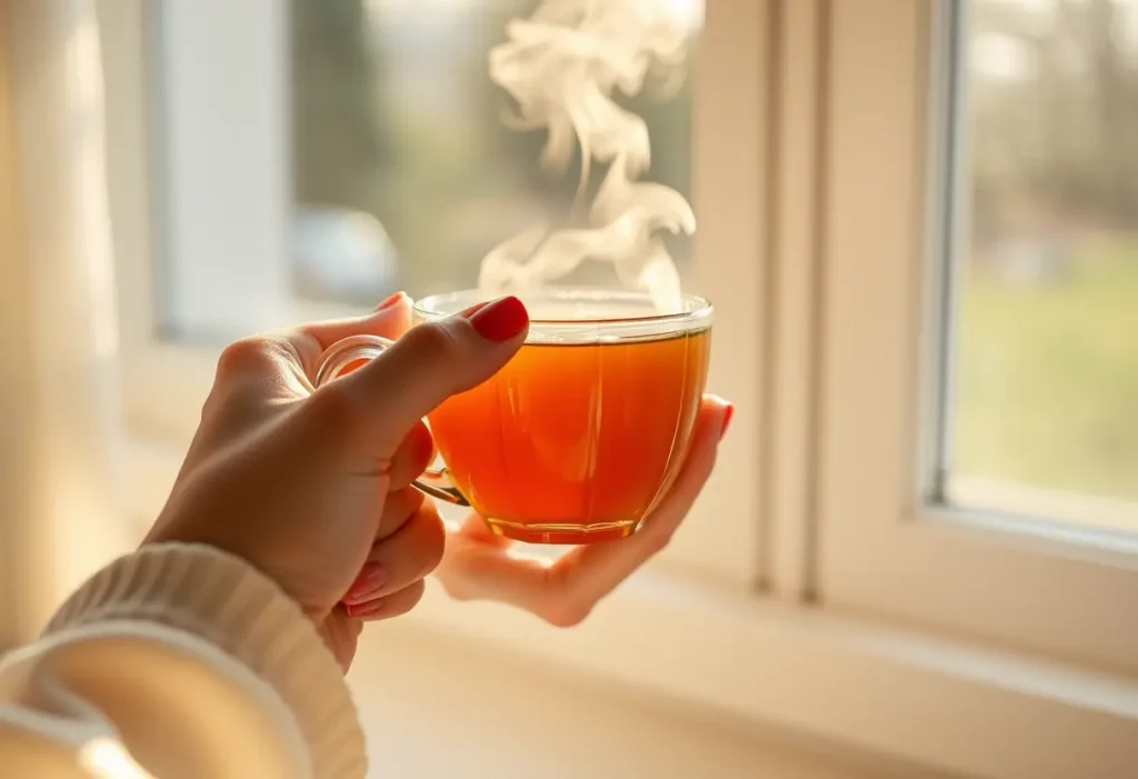 Une main tenant une tasse de thé chaud dans une lumière douce, rappelant le bien-être et l'acceptation de soi.