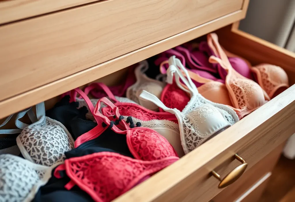 Dresser en bois avec tiroirs pleins de soutiens-gorges colorés