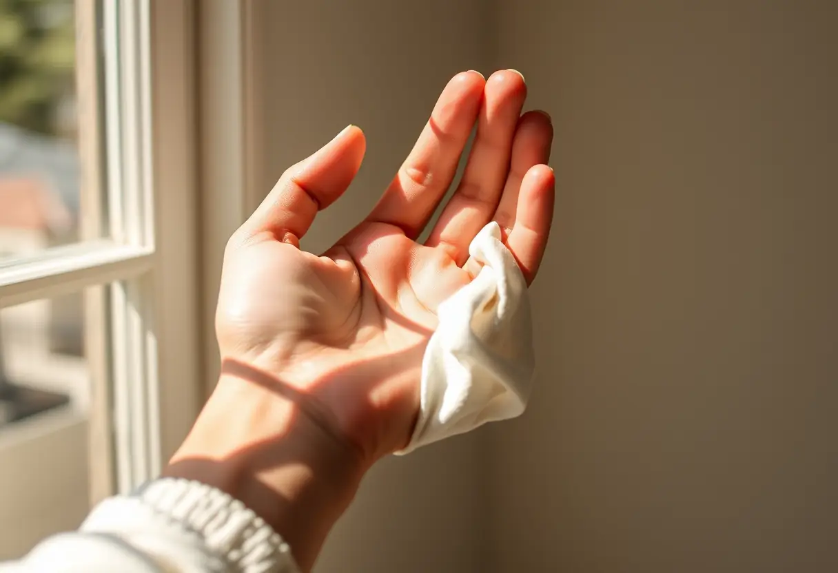 La main d'une femme tient doucement un triangle en coton, éclairé par la lumière du soleil