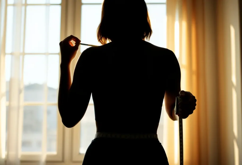 Une femme mesurant sa taille derrière une fenêtre éclairée