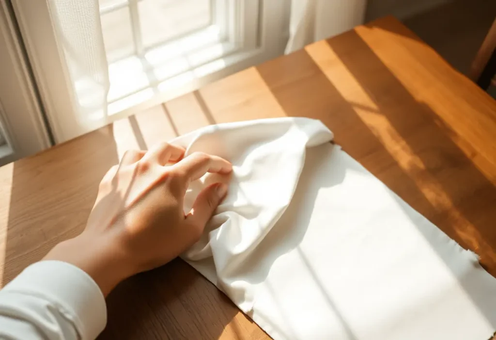 Une main lisse doucement un tissu blanc sur une table en bois, évoquant l'importance de la couleur des sous-vêtements