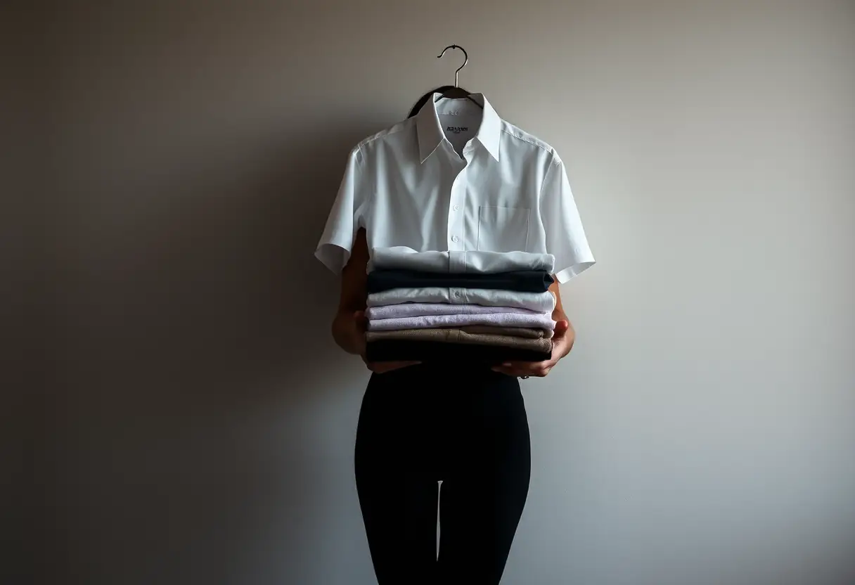 Silhouette d'une femme tenant des vêtements pliés avec un haut blanc en évidence, mettant en scène l'importance de choisir sa couleur de soutien-gorge