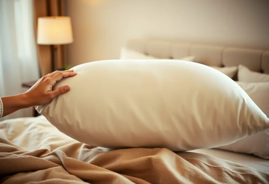 Main de femme lisant un oreiller ovale dans une chambre confortable