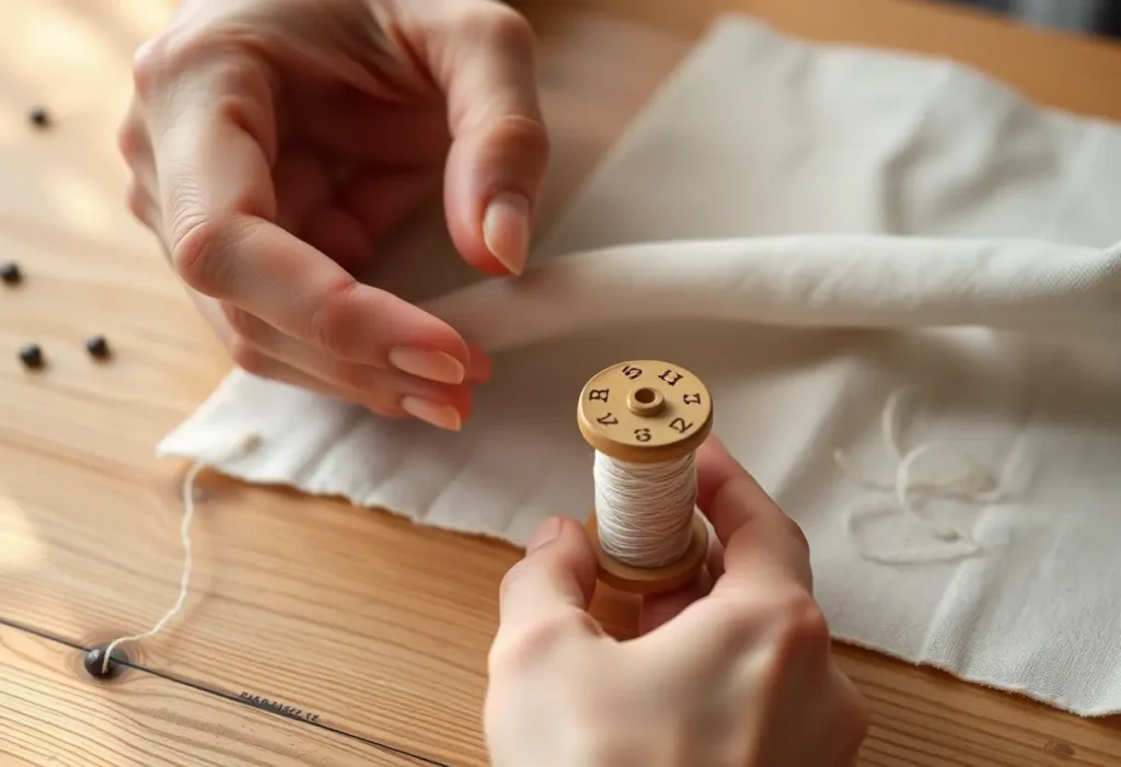 Une main féminine tient délicatement un fuseau en bois avec du fil, posé sur une table en bois