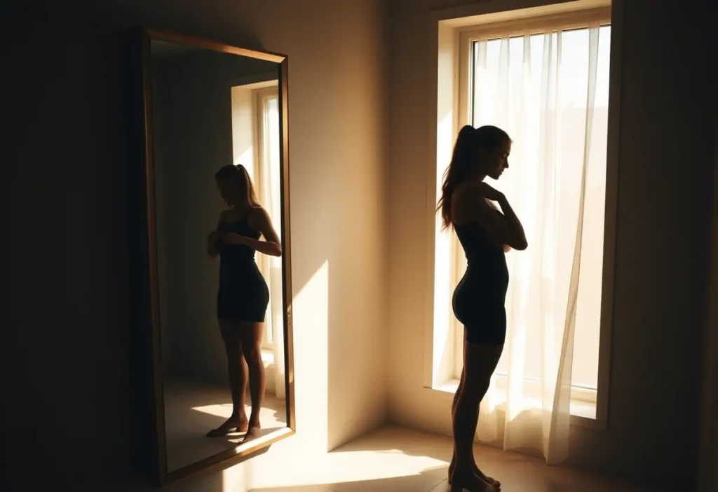 Un silhouette se regarde dans un miroir, ajustant sa tenue dans une salle de bain bien éclairée