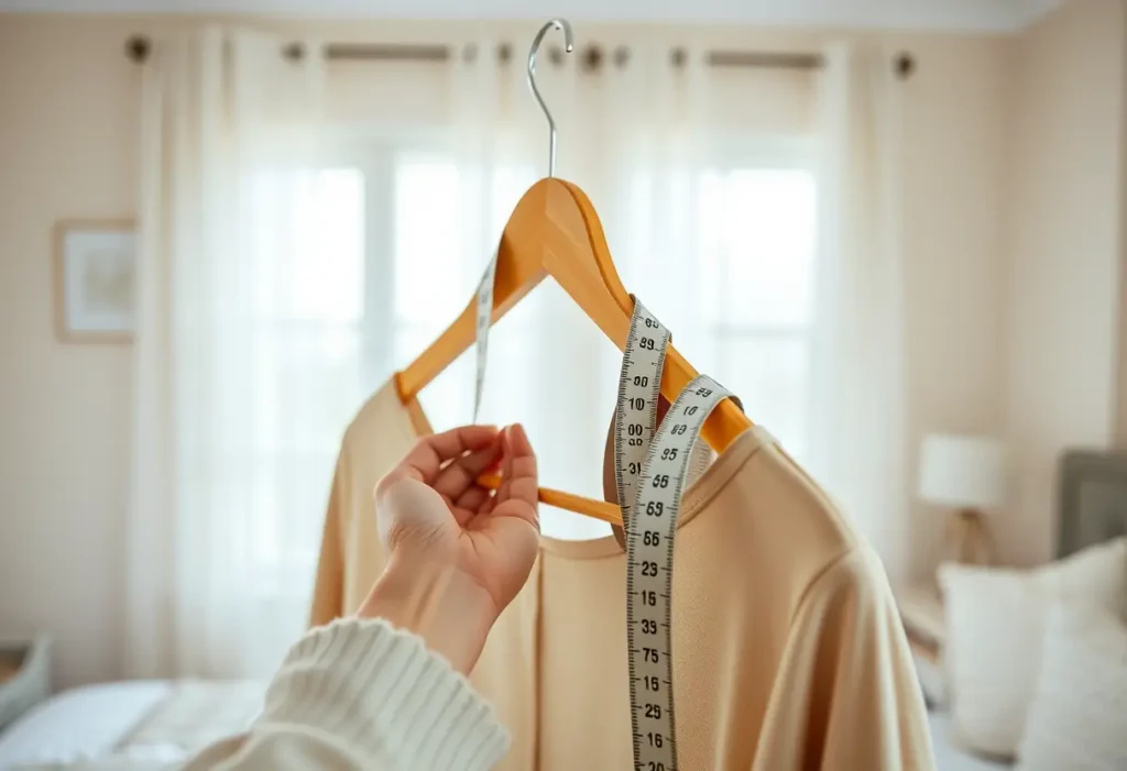 Une main féminine tenant un mètre ruban autour d'un cintre en bois, dans une chambre bien éclairée.