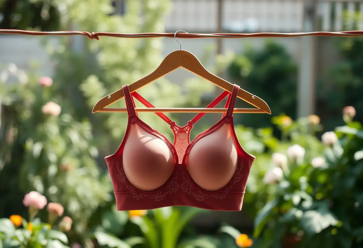 Un cintre en bois accroché sur une corde à linge dans un jardin, représentant l'importance du stockage approprié des soutiens-gorge.