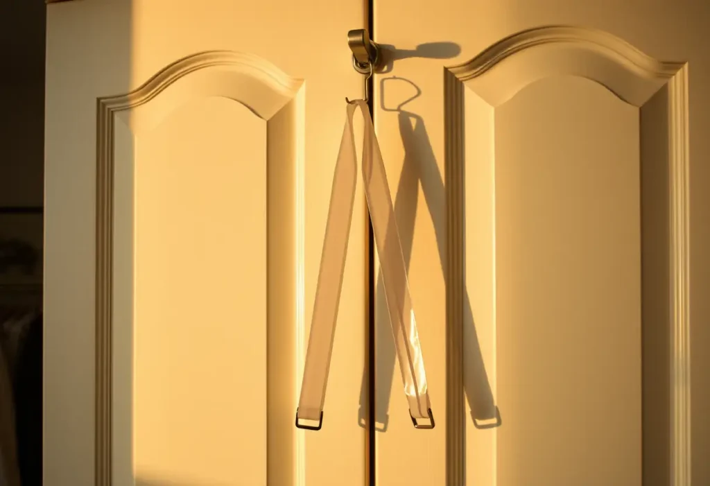 des bretelles transparentes accrochées à une porte de placard, lumière du soir