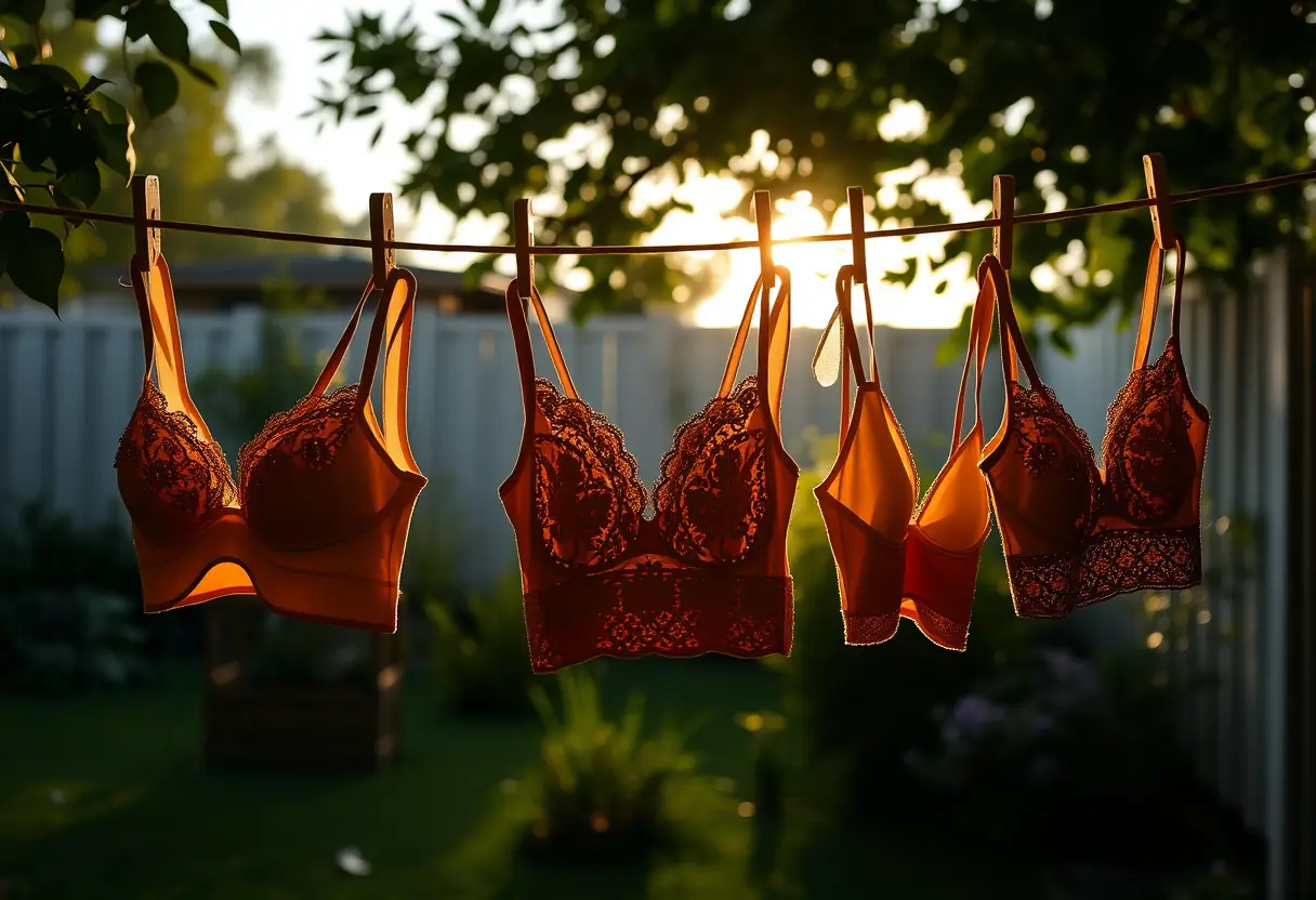 des soutiens-gorge suspendus sur une corde à linge dans un jardin, lumière du matin