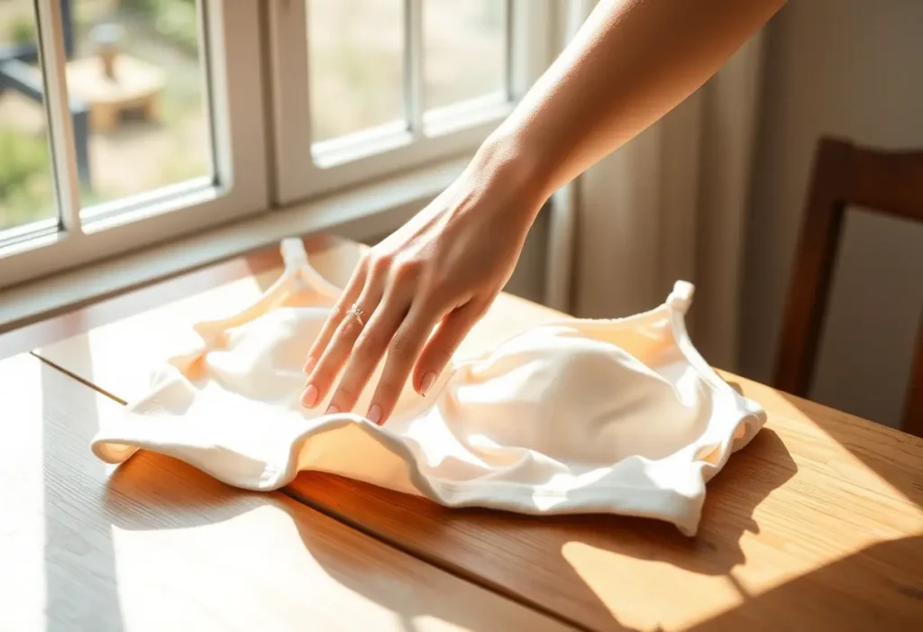 Une main féminine ajuste délicatement un soutien-gorge en coton sur une table