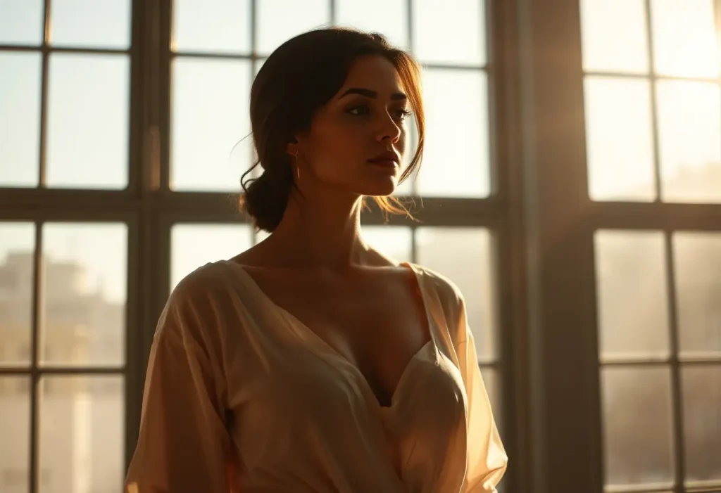 Un profil féminin devant une fenêtre, la lumière soulignant son bandeau discret et confortable