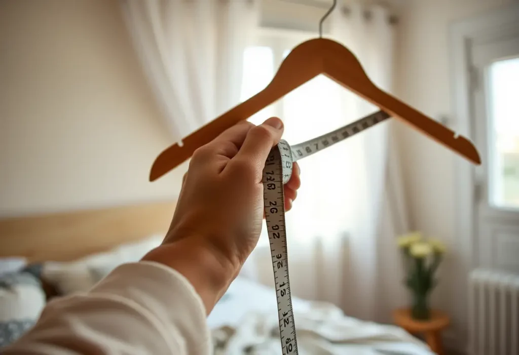 Une main féminine tenant une règle près d'un cintre dans une chambre