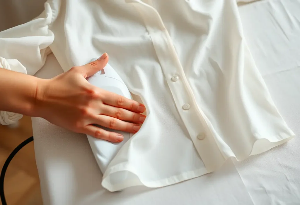 Une main lisant une chemise légèrement transparente sur une planche à repasser