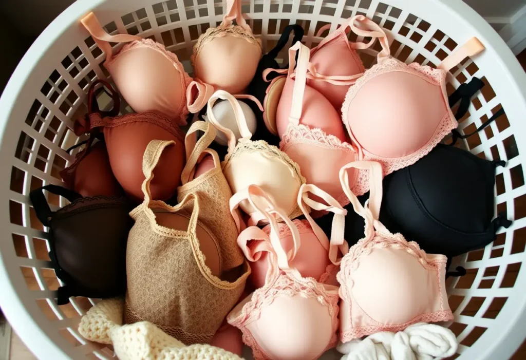 Un panier à linge rempli de soutiens-gorge diversifiés, y compris les tailles très petites, soulignant la diversité des besoins et l'acceptance de soi
