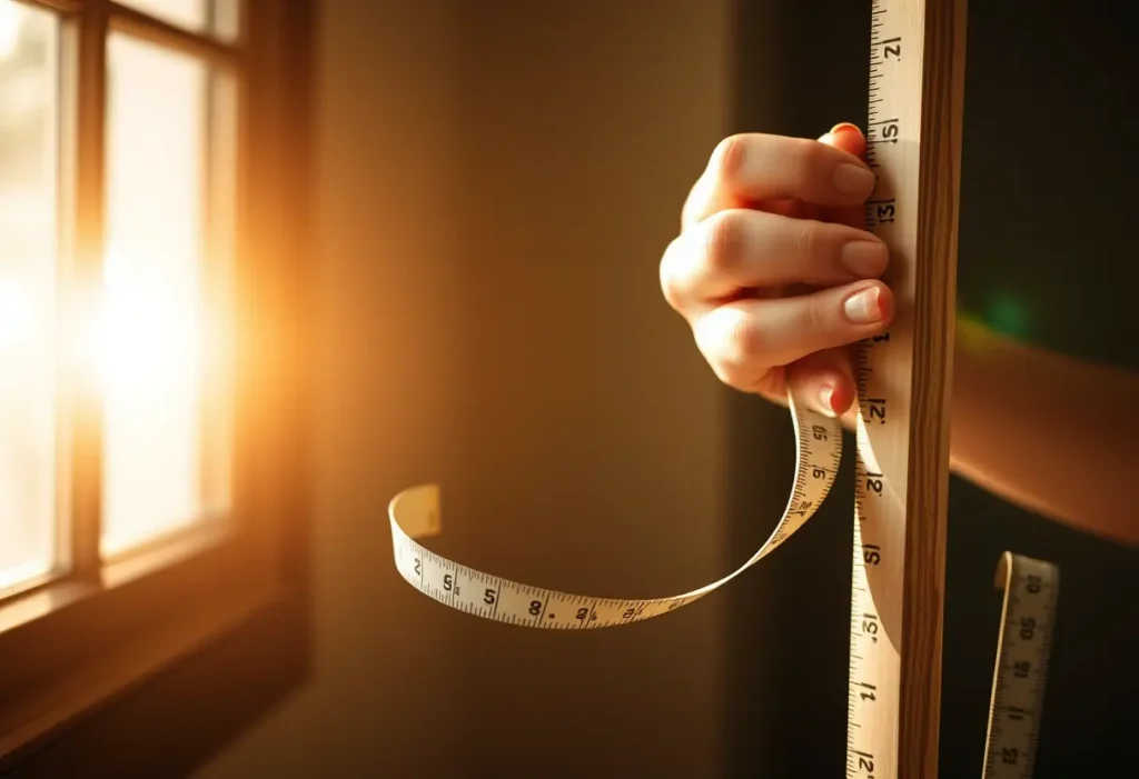 Une main féminine tient un mètre ruban doux près d'un bout de règle en bois courbé, éclairée par la lumière du soleil.