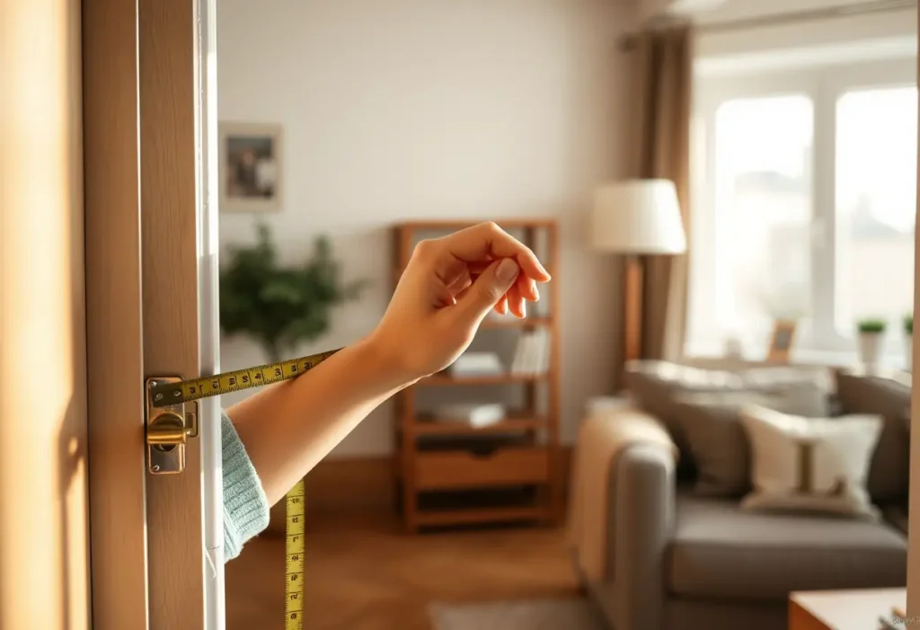 Main de femme tenant une règle à mesure contre un chambranle dans un salon accueillant, lumière naturelle douce