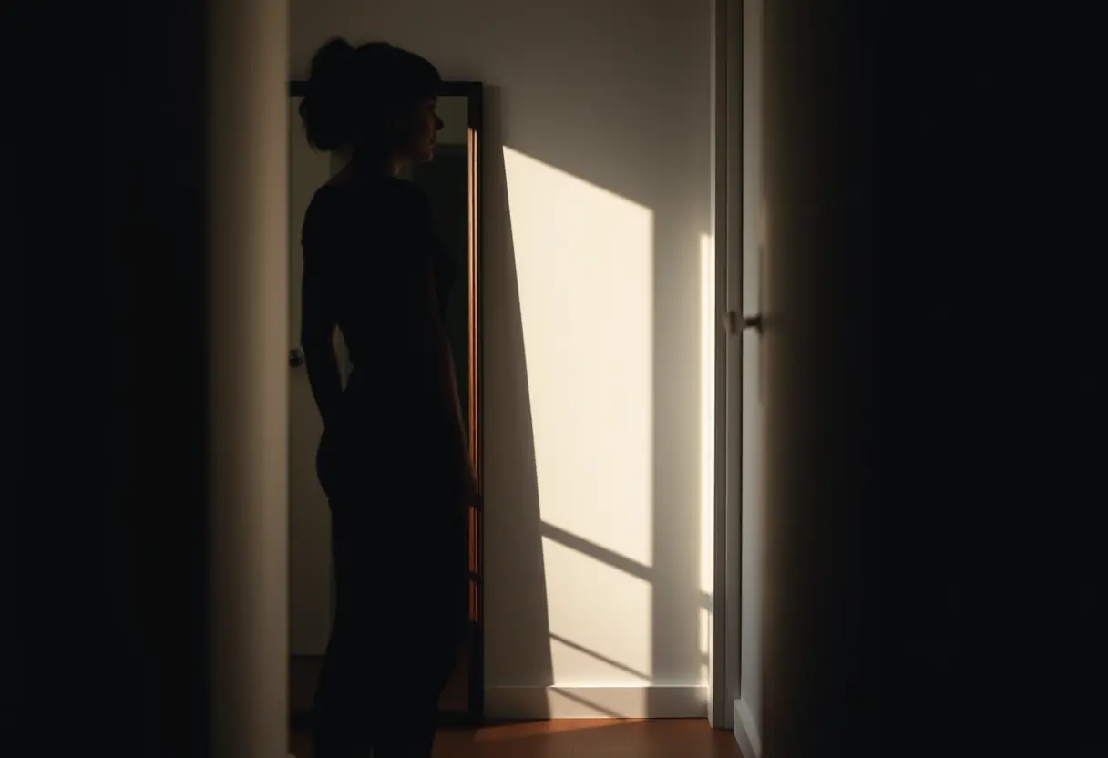 Silhouette de femme se tenant près d’un miroir en pied dans un couloir, lumière naturelle créant une ombre douce