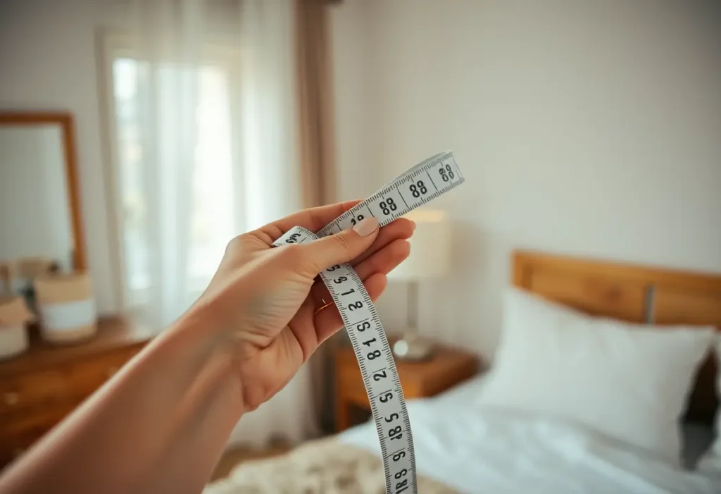 Main de femme tenant un mètre ruban en toile autour d'un cintreuse en bois dans une chambre accueillante