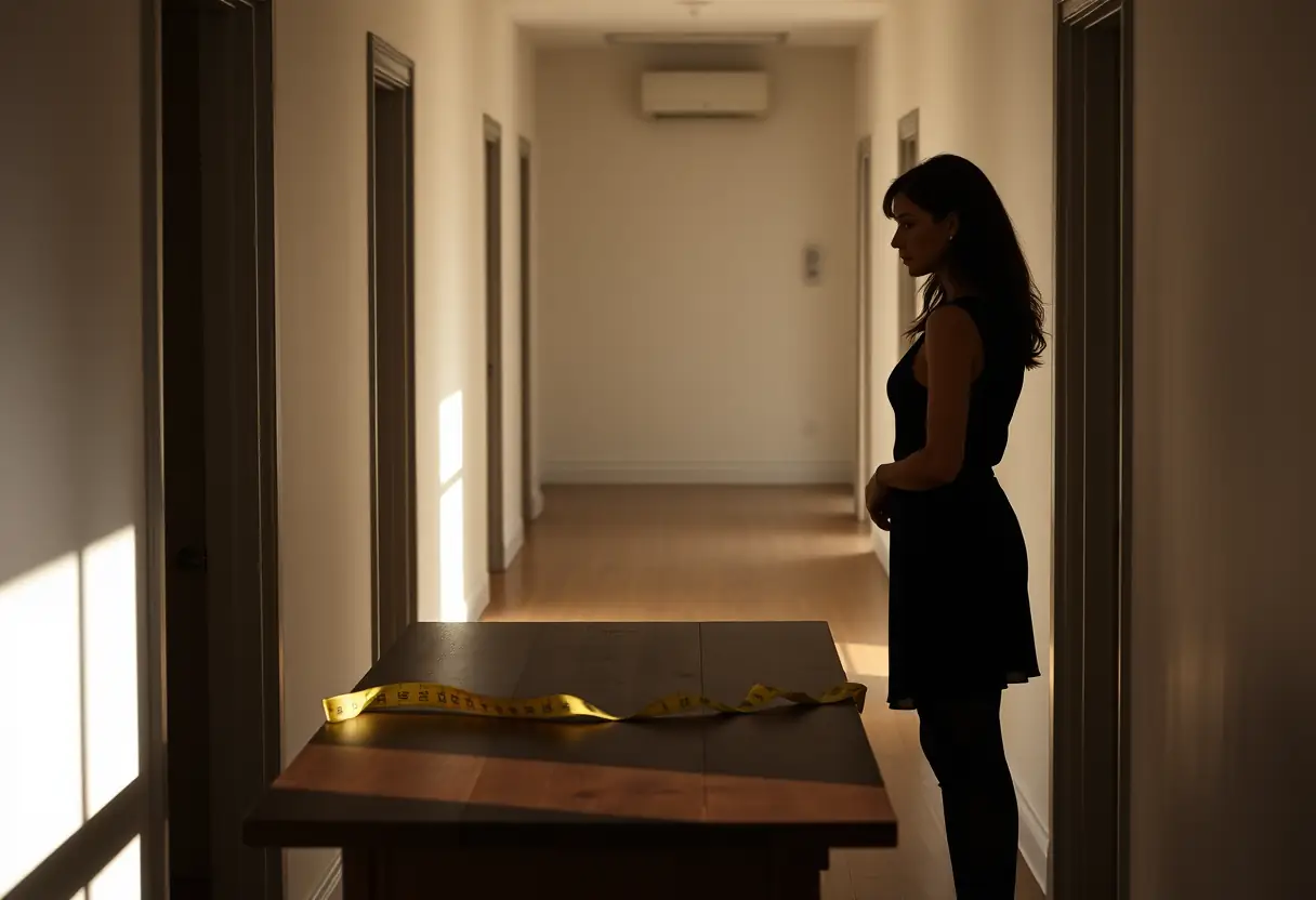 Silhouette de femme près d'une table de mesure en bois avec un mètre ruban en toile posé dessus dans un couloir bien éclairé