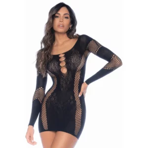 Robe Noire Résille Manches Longues Motif Floral Sculptant Glamour