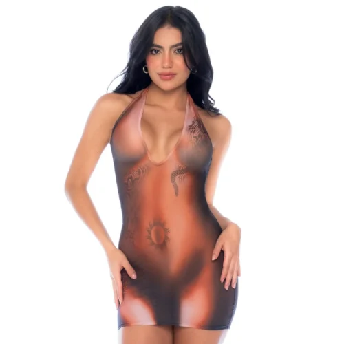 Robe transparente illusion tatouage artistique bohème chic seconde peau résille extensible moulante dos nu sensuelle