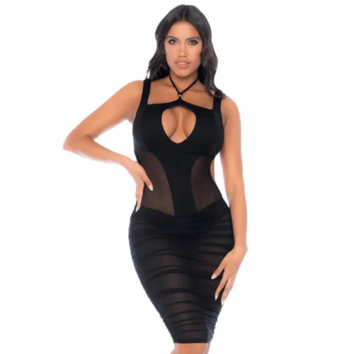 Robe noire résille semi transparente dos nu collier anneau glamour ajustée froncée sculptante extensible confortable élégante séductrice