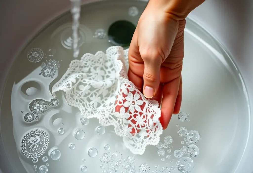 Une main lave délicatement de la dentelle dans un lavabo en porcelaine, illustrant l'entretien du sous-vêtement.