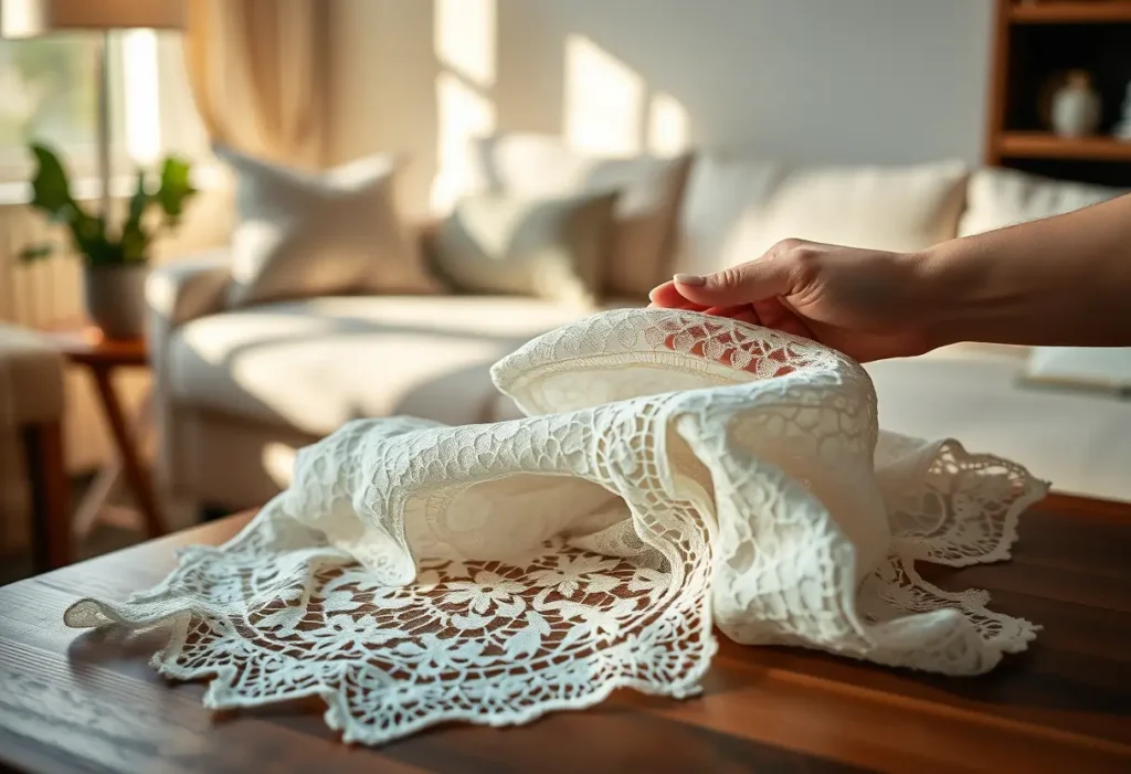Une main féminine lisse une dentelle délicate sur une table de salon, symbolisant le confort et l'élégance.