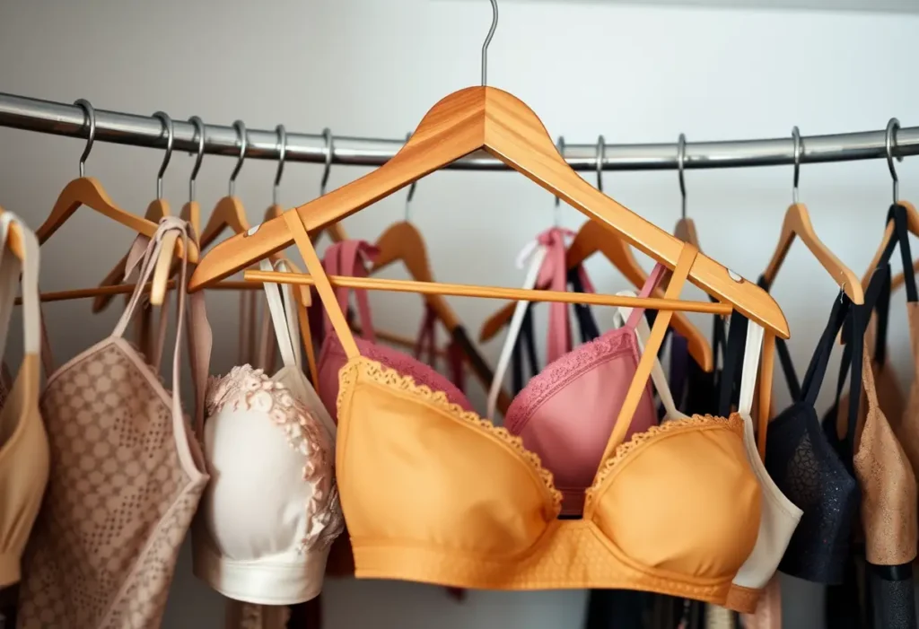 Un porte-vêtements dans un placard rempli de soutiens-gorge aux couleurs et styles variés, illustrant la diversité et le choix.