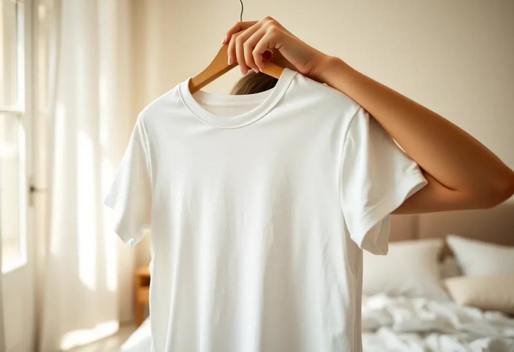 Une main féminine tenant délicatement un tee-shirt en coton dans une chambre accueillante