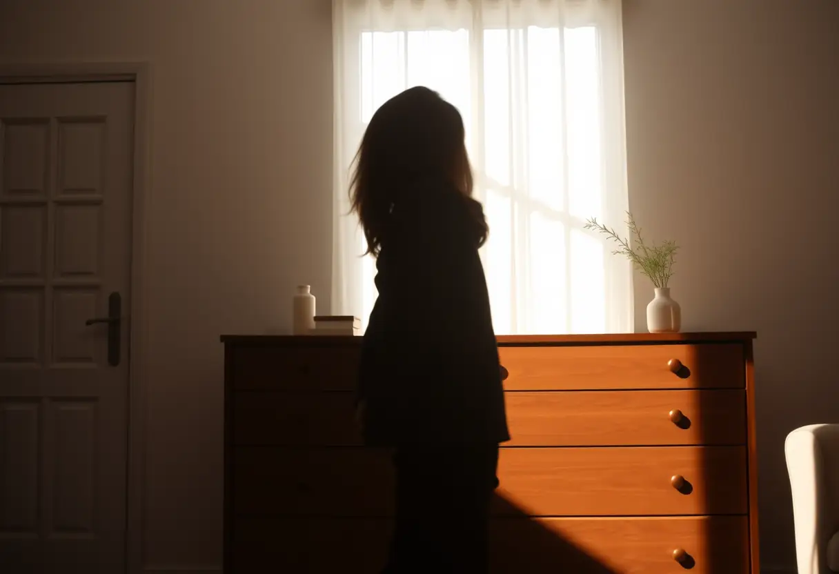 Silhouette d'une femme près d'un meuble en bois dans un salon baigné de lumière