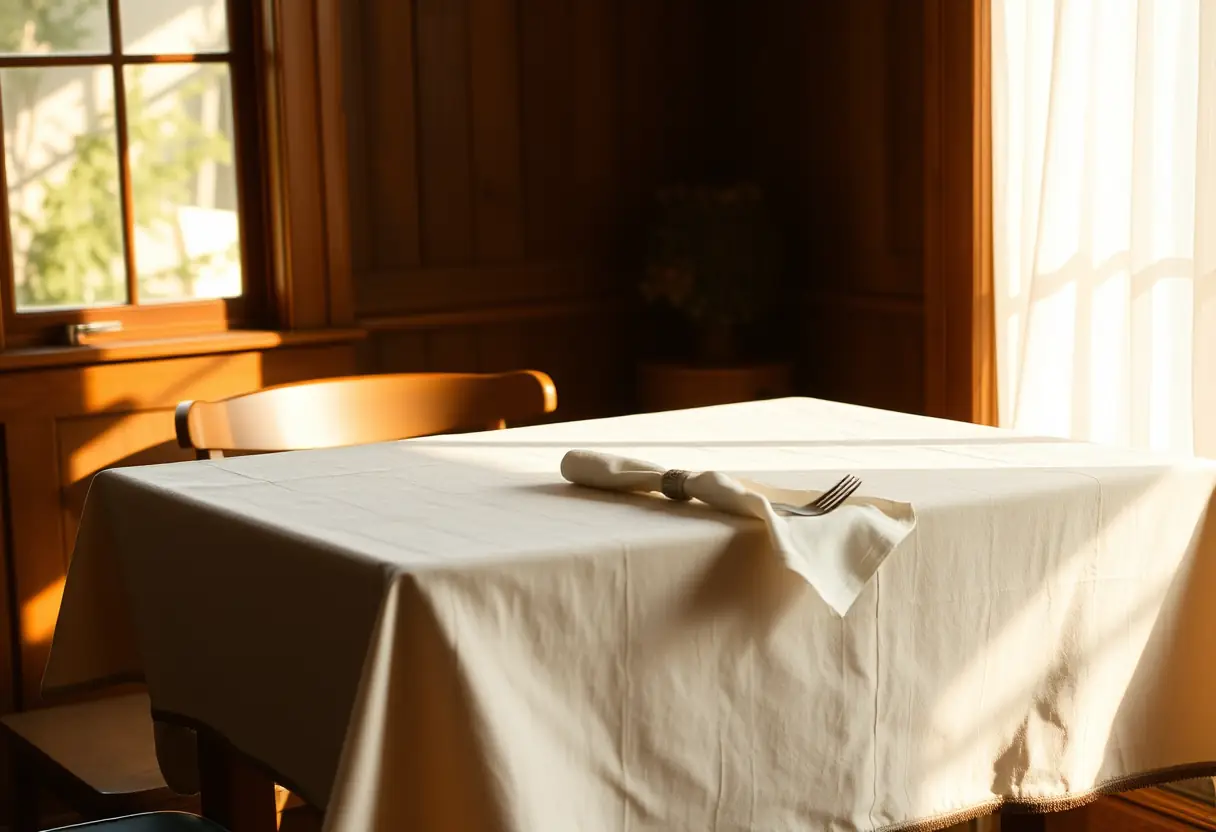 Table en bois recouverte d'une serviette en coton, représentant simplicité et bien-être