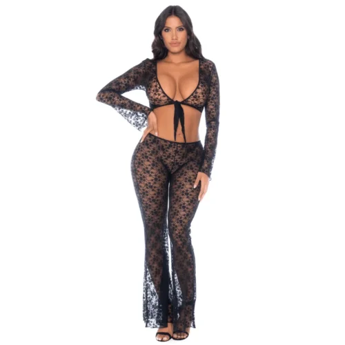ensemble dentelle florale noire top nouable pantalon évasé taille basse manches longues ajustables transparent sensuel chic élégant confortable extensible féminin