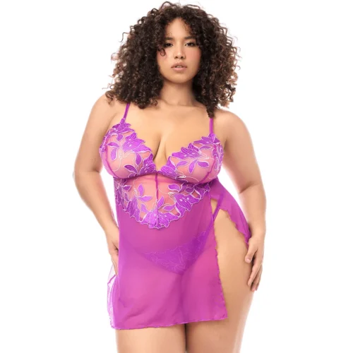 nuisette grande taille résille transparente brodée florale romantique raffinée bretelles réglables string assorti sensuelle féminine maintien élasthanne