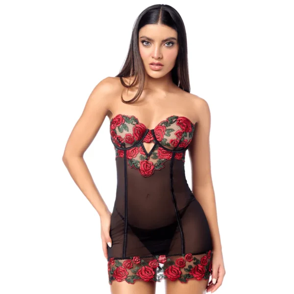 Babydoll sexy à armatures Mapalé broderie roses et string