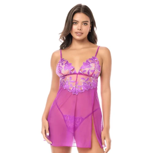 Babydoll Sexy Résille Transparente Brodée Florale Romantique Raffinée Légère Séduisante Bretelles Réglables Confortable Maintien Satin String Assorti Parure Féminine Mapalé