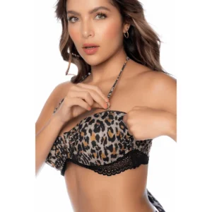 Bikini léopard vue de face, bandeau avec dentelle noire, détail attache tour de cou, peau bronzée.