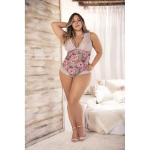 Body en Tulle Fleuri et Dentelle avec Dos Lacé – Grande Taille
