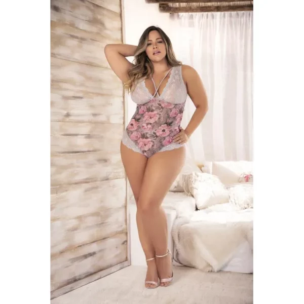 Body en Tulle Fleuri et Dentelle avec Dos Lacé – Grande Taille