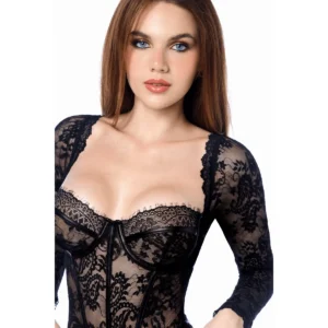 Body noir en dentelle gothique, manches longues, armatures, détails simili cuir, vue de face, décolleté plongeant.