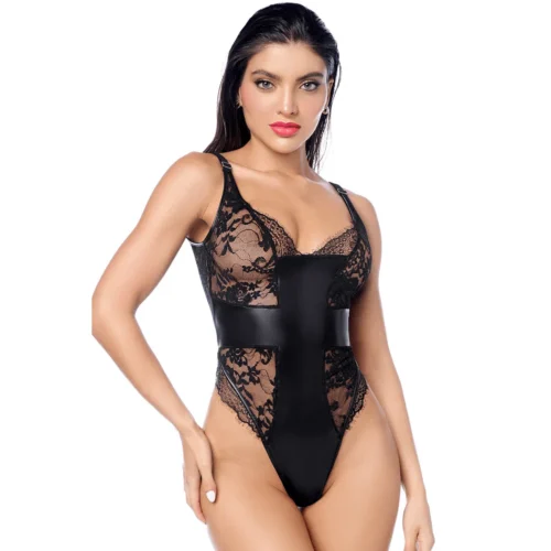 Body sexy dentelle transparente similicuir contrasté Mapalé audacieux provocant raffiné bretelles réglables fermeture agrafes entrejambe sensuelle affirmée confort pratique colombienne