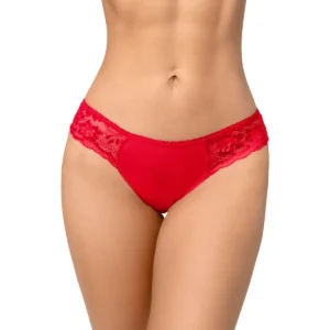 Culotte rouge vue de face, dentelle florale sur les côtés, tissu satiné lisse au centre, taille basse.