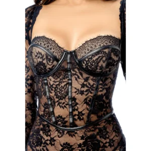 Détail buste robe noire en dentelle florale, manches longues, bonnets armatures et liserés effet cuir, vue de face