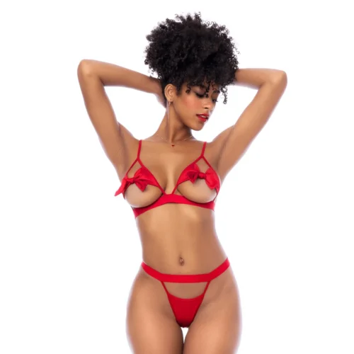 ensemble sexy audacieux raffiné Mapalé colombien bonnets ouverts nœuds espiègles string assorti bretelles réglables bande maintien polyester élasthanne