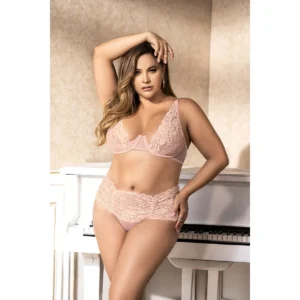 Ensemble lingerie bois de rose vue de face, soutien-gorge armatures, dentelle florale, culotte taille haute dentelée.