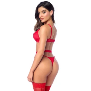 Ensemble lingerie rouge vue de dos, soutien-gorge dentelle, string taille haute, porte-jarretelles et bas assortis.