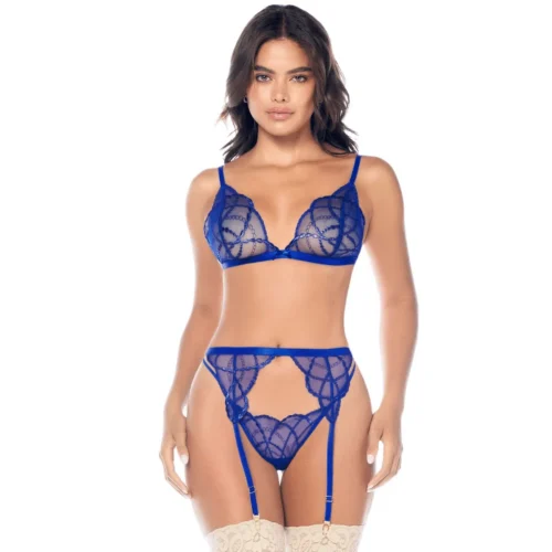 ensemble sexy trois pièces broderie fil brillant délicate haut bretelles réglables string assorti porte jarretelles coordonné silhouette sensuelle féminine Mapalé